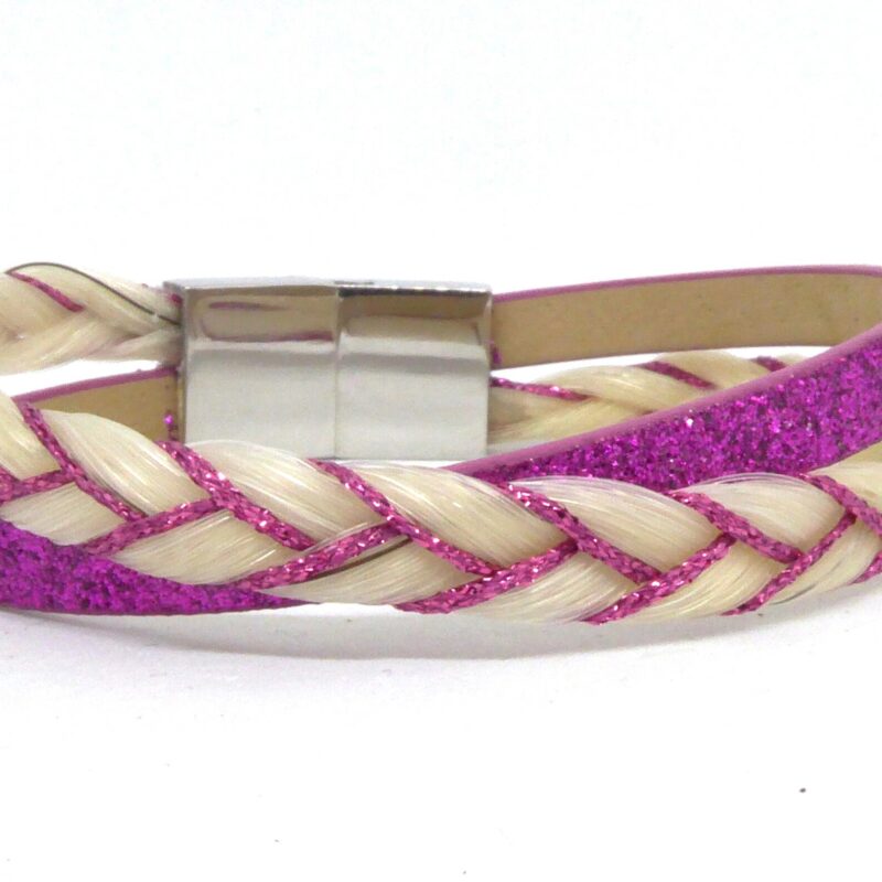 Bracelet personnalisable en crins femme en rose et crins blancs. Pas cher pour qualité française