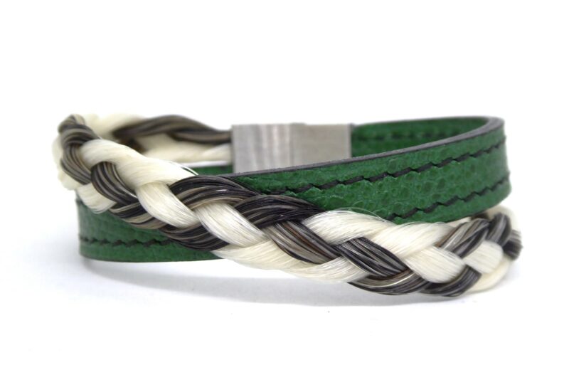 Bracelet crins homme personnalisé - Cuir vert et couture noire