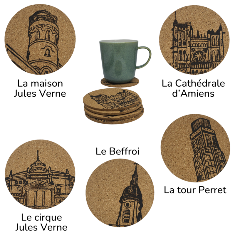 Dessous de verre à collectionner Tabby Gris et monuments d'Amiens. Les sous-verre uniques et fait main