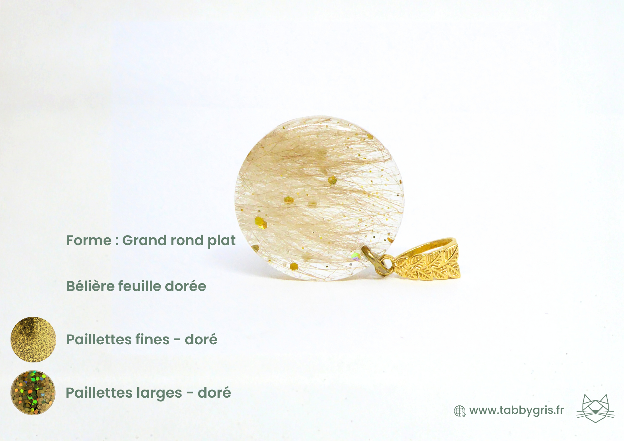 Pendentif poil animal. Artisan français, nous mettons quelques poils de votre chien, chat, lapin, souris, hamster dans un bijou unique et personnalisé. Ici un pendentif en forme bulle avec quelques paillettes fines forées et paillettes larges dorées, accompagnées de quelques poils d'un animal et surmonté d'une bélière feuille dorée.