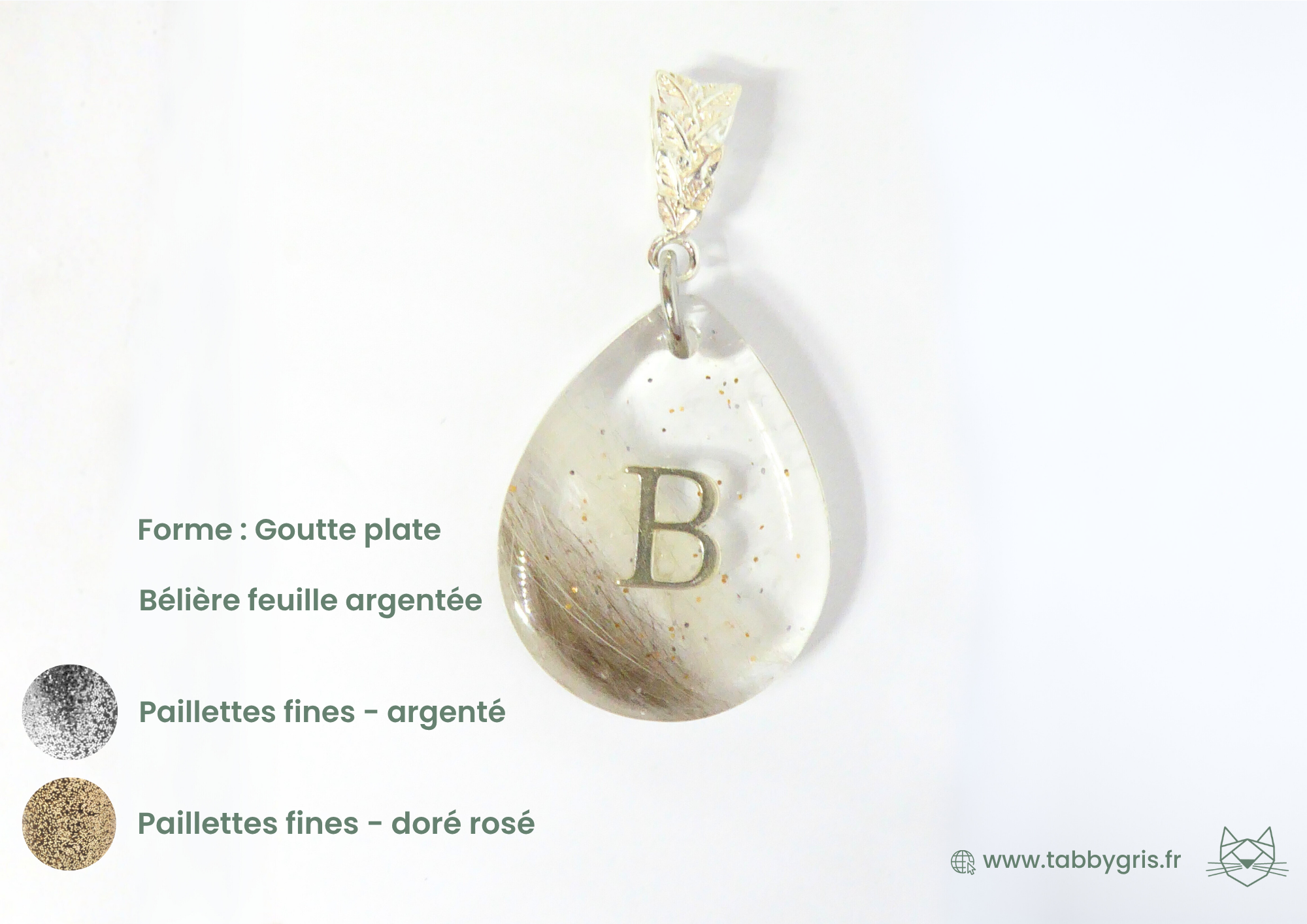 Pendentif poil animal forme goutte et initiale B. Ce bijou en poils d'animal est réalisé par Tabby Gris, artisan français