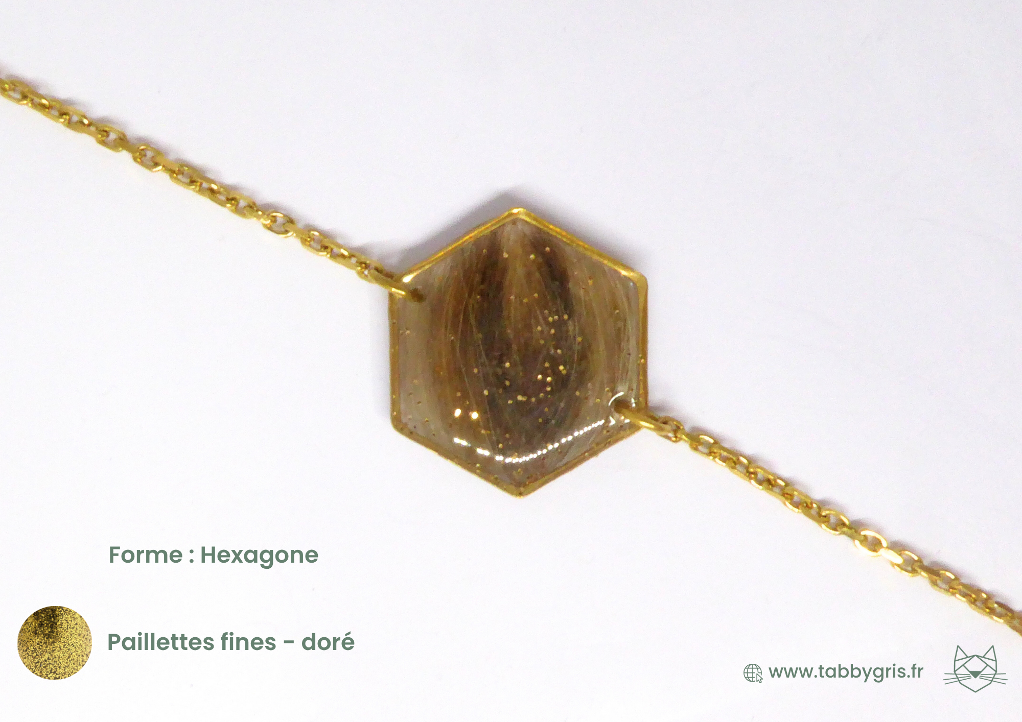 Bijoux mèche de bébé en forme hexagonale. Bracelet chaîne et résine original et sur mesure contenant une mèche de votre bébé