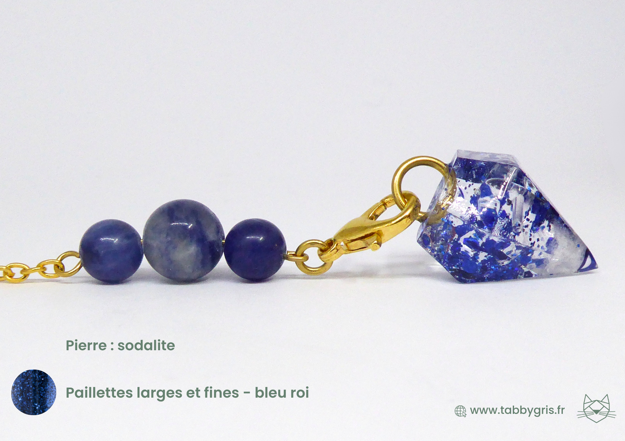 Pendule divinatoire en pierre naturelle avec une pierre sodalite et des paillettes larges et fines bleu roi