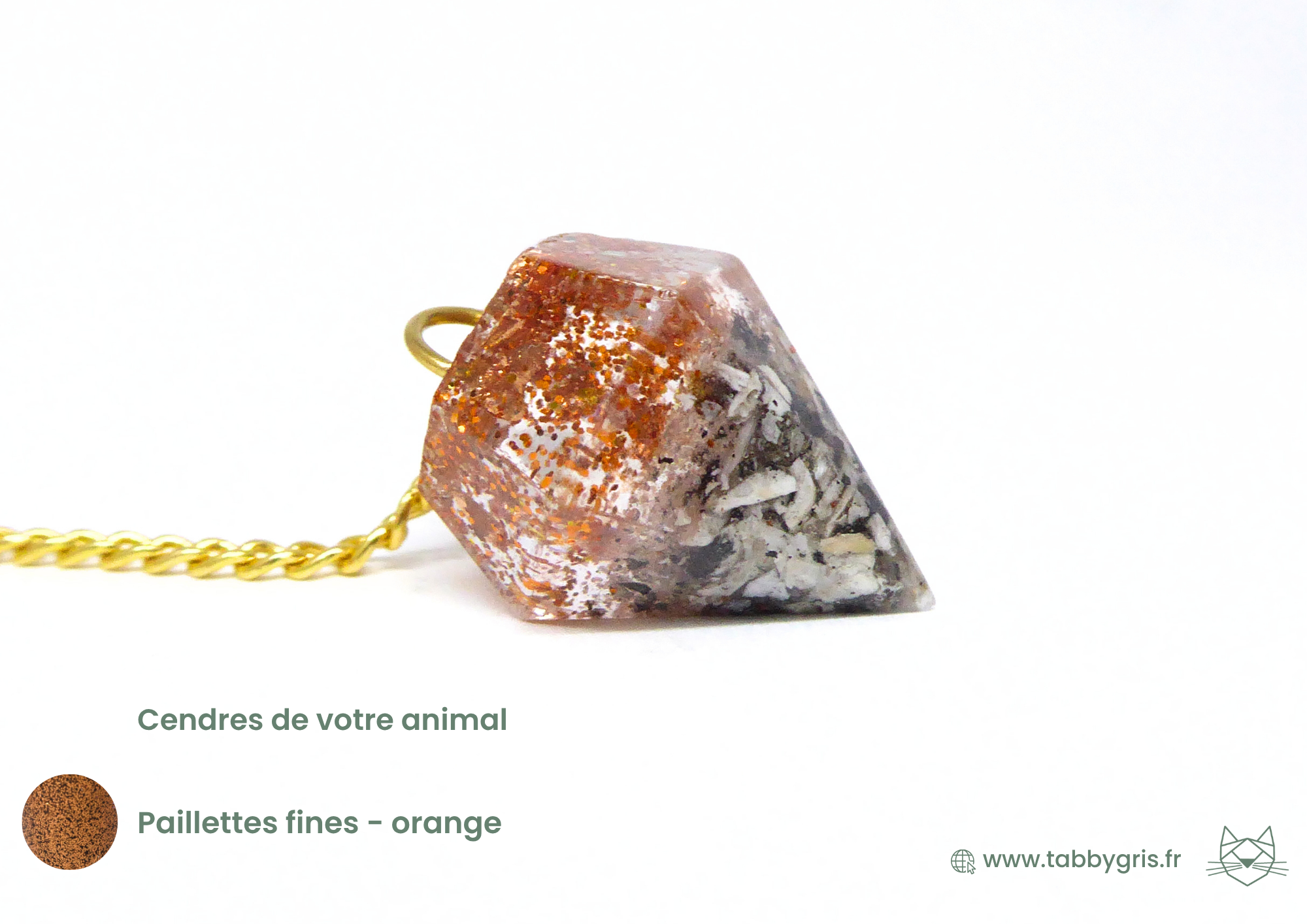 Pendule divinatoire en pierre naturelle incluant des cendres de votre animal en bas du pendule divinatoire et des paillettes fines orange sur la partie haute.