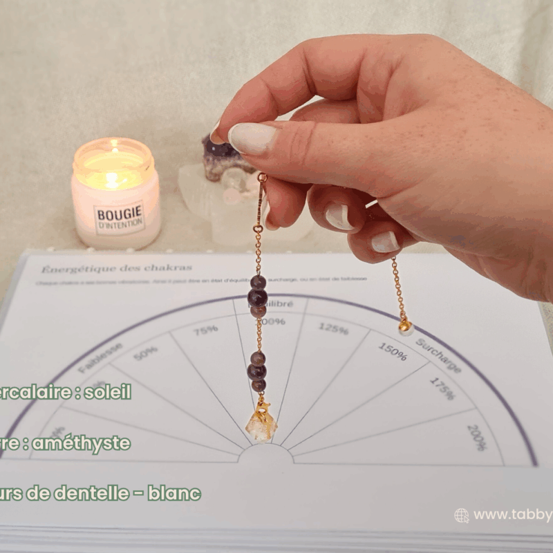 Pendule divinatoire améthyste avec un intercalaire soleil doré et des fleurs de dentelle blanc. Ce pendule divinatoire personnalisé est idéal pour vos guidances, tarots, et crée une connexion forte