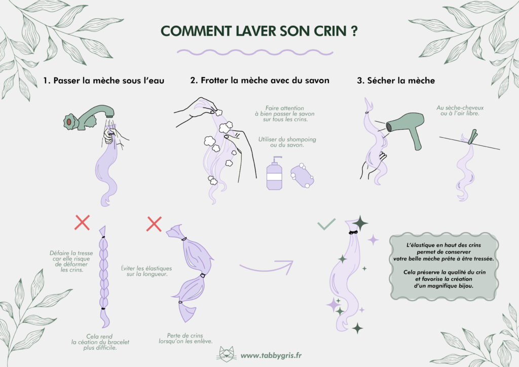 Bijoux en crins, comment laver les crins de mon cheval pour en faire un bracelet en crin tressé ? Sur ce visuel vous trouverez nos explications pour laver les crins coupés de votre cheval avnat de nous les confier pour en faire un bijou en crins ou bracelet en crin tressé. Retrouverez tous nos tutos et astuces pour faire un super bracelet en crins de cheval sur notre site.